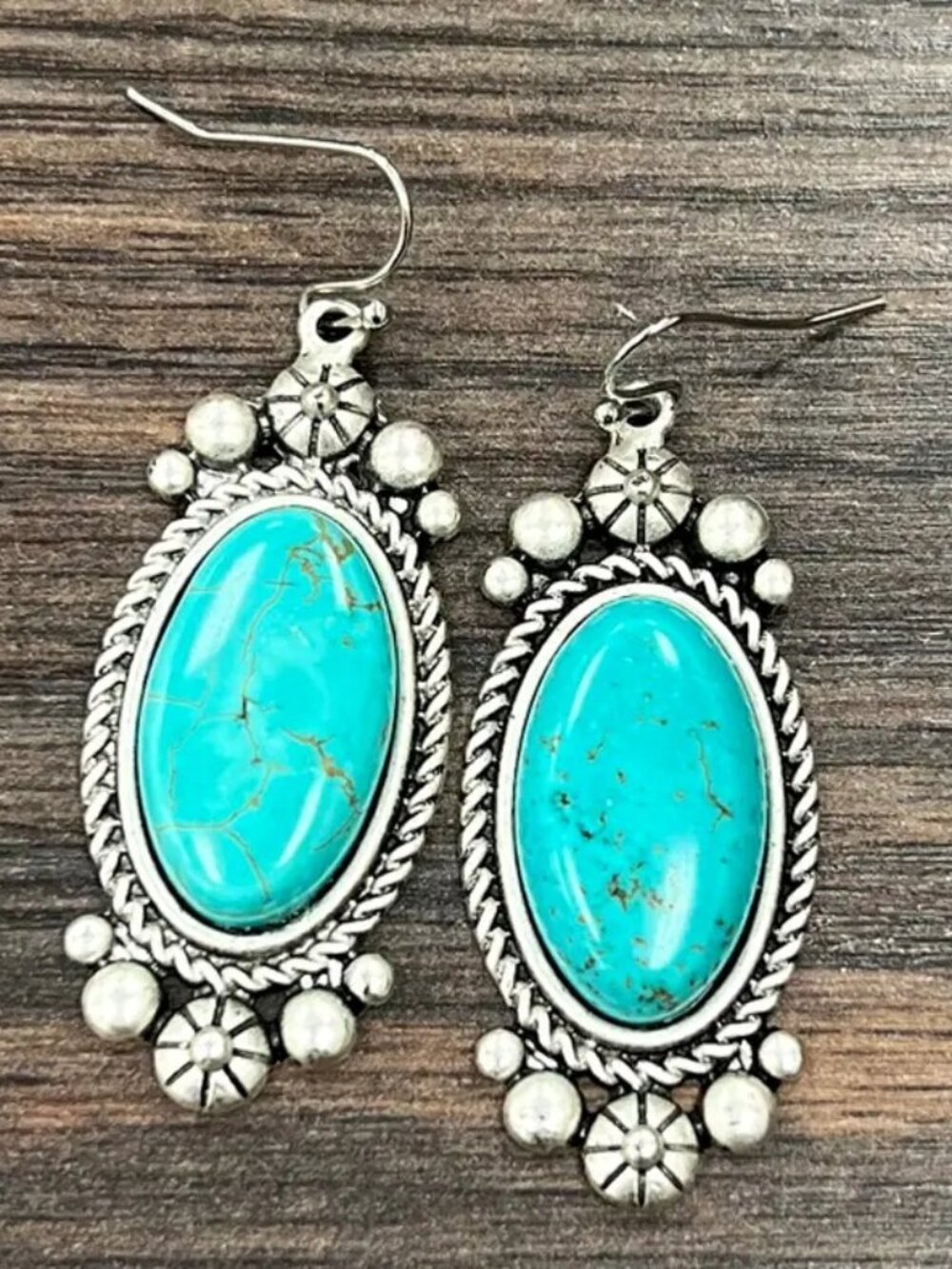 Western Turquoise Oval Earrings Silver Boho Cowgirl Rodeo Jewelry